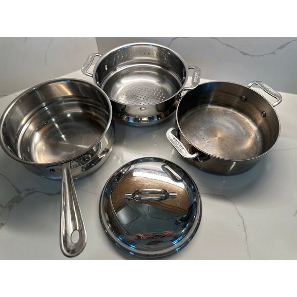 All-Clad 4 Pc Stainless Steel Multipot Double Boiler Steamer 3Q 2Q Steamer Lid - Picture 1 of 8